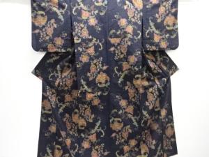 唐花模様織り出し手織り紬単衣着物